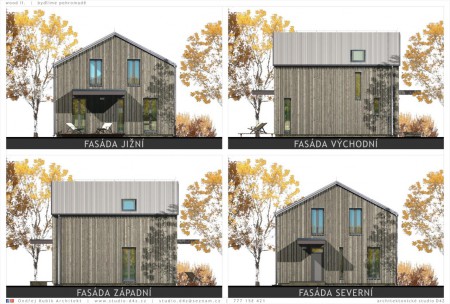 WOOD II. | Fasády v šedé palubce. Terasa a zádveří domu jsou kryty vykonzolovanou stříškou. 